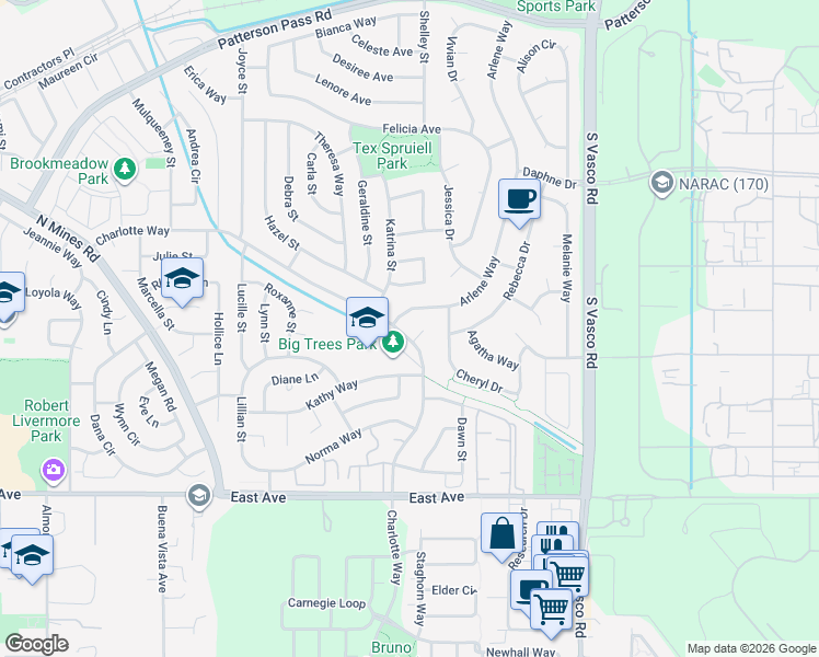 map of restaurants, bars, coffee shops, grocery stores, and more near 5436 Charlotte Way in Livermore