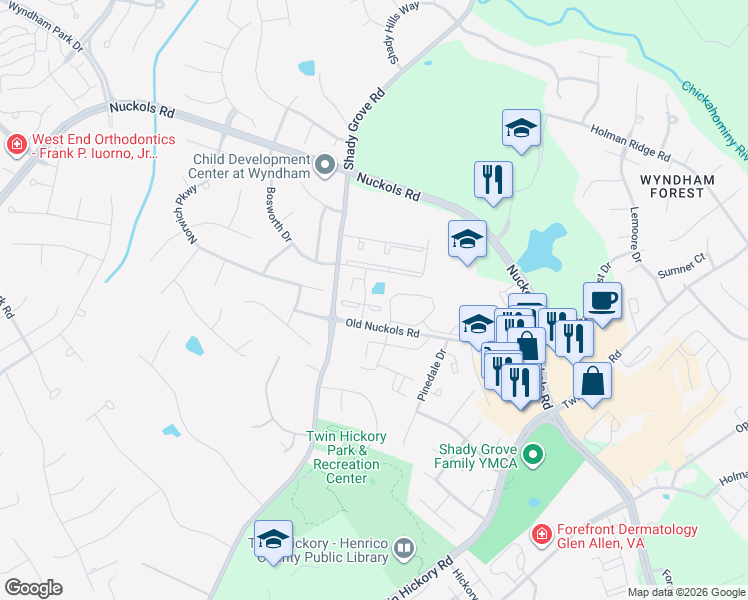 map of restaurants, bars, coffee shops, grocery stores, and more near 5907 Chapel Lawn Terrace in Glen Allen