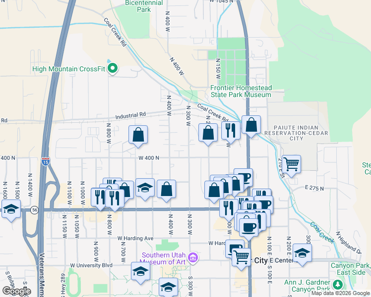 map of restaurants, bars, coffee shops, grocery stores, and more near 431 North 300 West in Cedar City