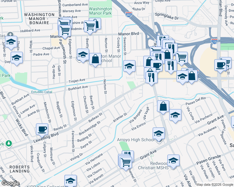 map of restaurants, bars, coffee shops, grocery stores, and more near 15356 Sullivan Avenue in San Leandro