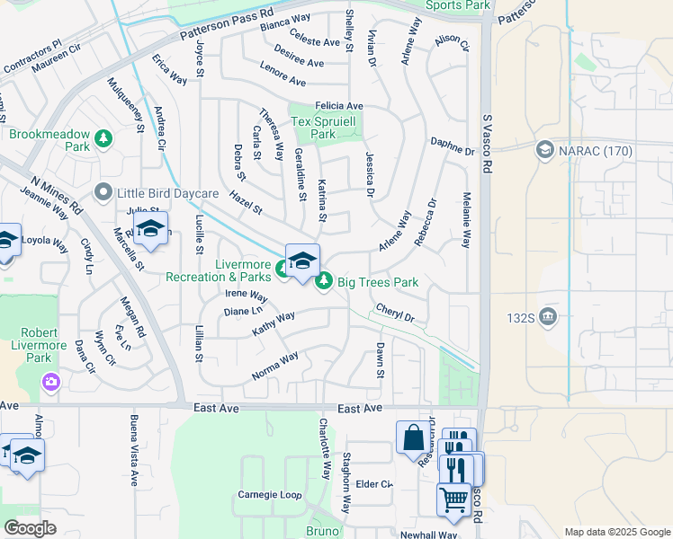 map of restaurants, bars, coffee shops, grocery stores, and more near 5436 Charlotte Way in Livermore