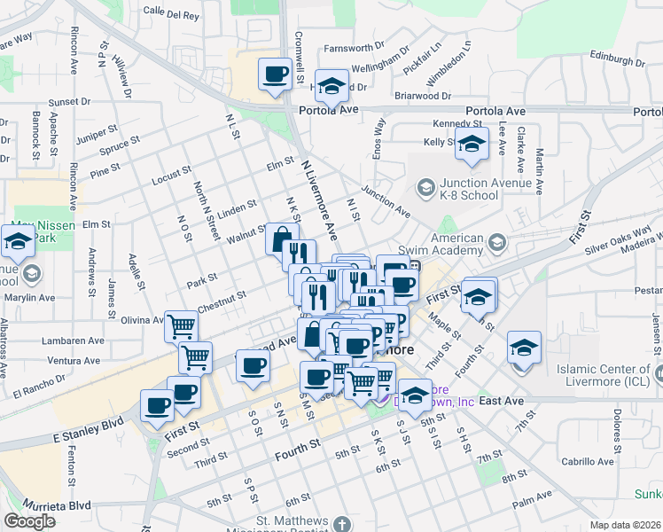 map of restaurants, bars, coffee shops, grocery stores, and more near 2155 Chestnut Street in Livermore