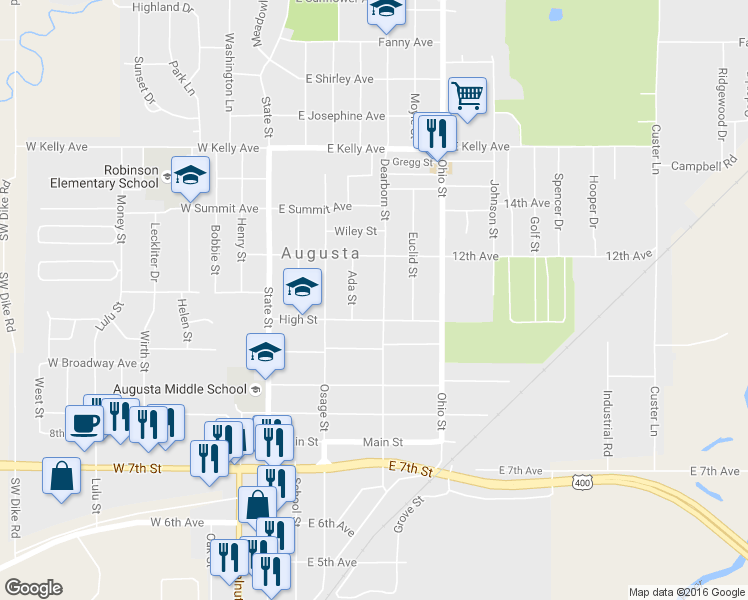 map of restaurants, bars, coffee shops, grocery stores, and more near 1113 Dearborn Street in Augusta