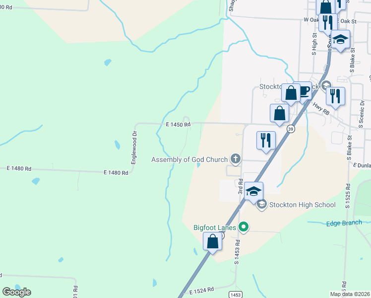 map of restaurants, bars, coffee shops, grocery stores, and more near 14500 East 1450 Road in Stockton