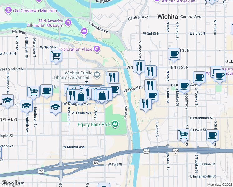 map of restaurants, bars, coffee shops, grocery stores, and more near 535 West Douglas Avenue in Wichita