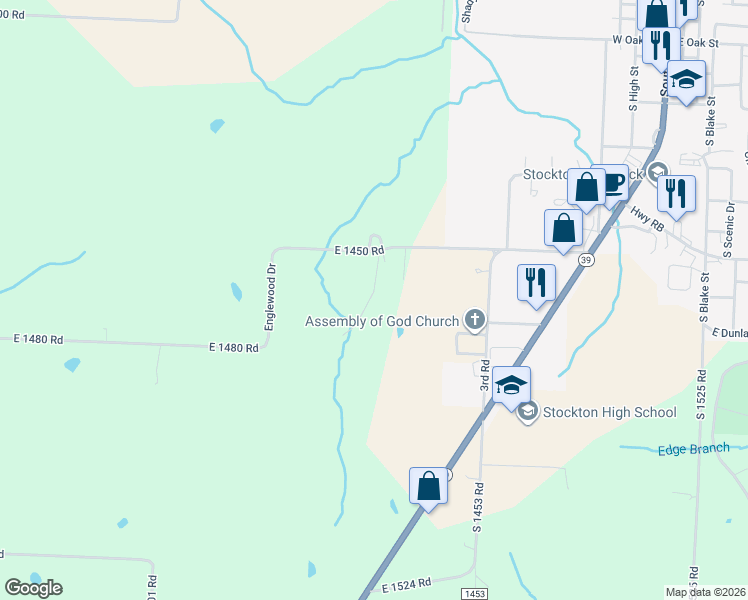 map of restaurants, bars, coffee shops, grocery stores, and more near 14500 East 1450 Road in Stockton