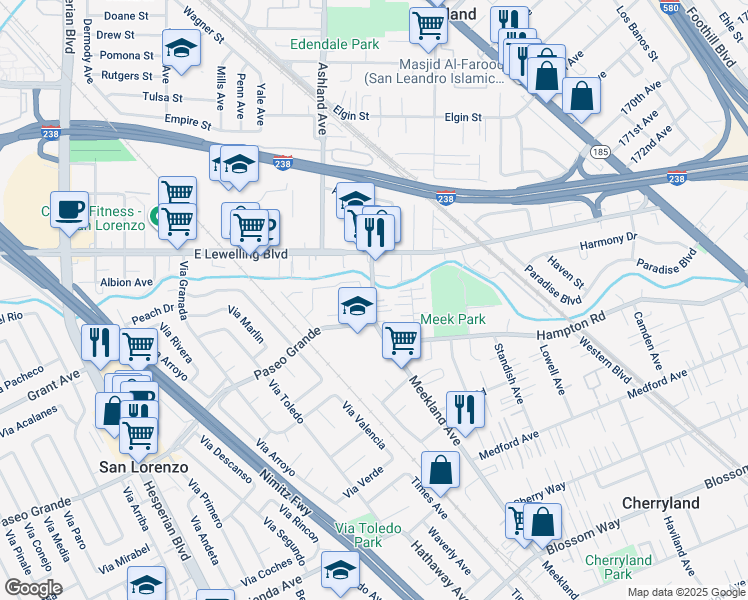 map of restaurants, bars, coffee shops, grocery stores, and more near 16929 Meekland Avenue in Hayward