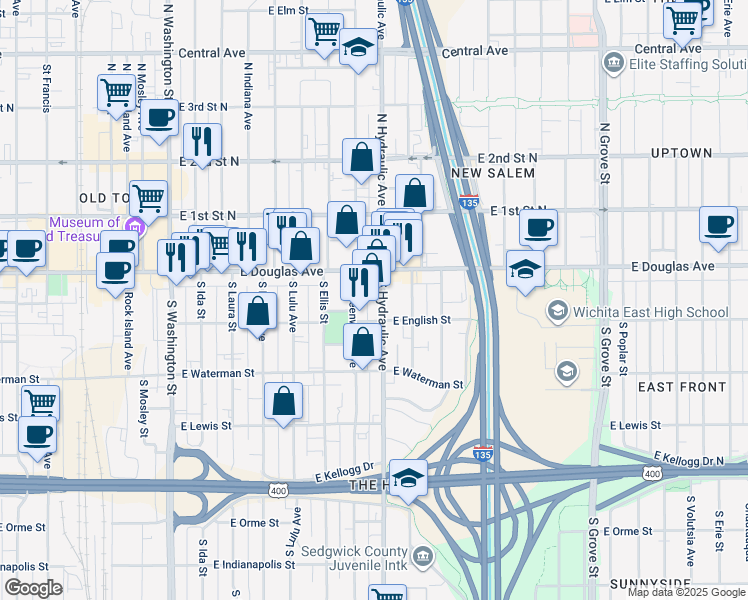 map of restaurants, bars, coffee shops, grocery stores, and more near 139 South Hydraulic Street in Wichita