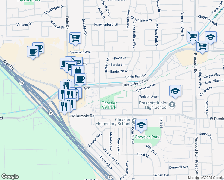 map of restaurants, bars, coffee shops, grocery stores, and more near 2600 Standiford Avenue in Modesto