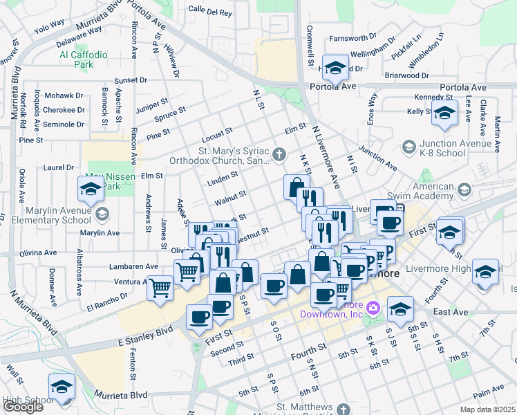 map of restaurants, bars, coffee shops, grocery stores, and more near 375 North N Street in Livermore
