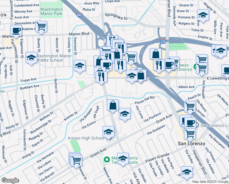 map of restaurants, bars, coffee shops, grocery stores, and more near 981 William Drive in San Lorenzo