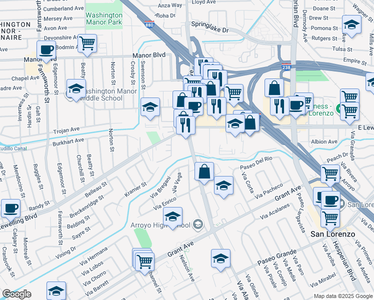 map of restaurants, bars, coffee shops, grocery stores, and more near 15500 Lorenzo Avenue in San Lorenzo