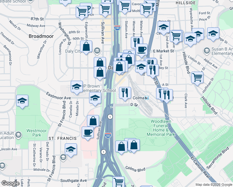 map of restaurants, bars, coffee shops, grocery stores, and more near 102 Makibaka Way in Daly City