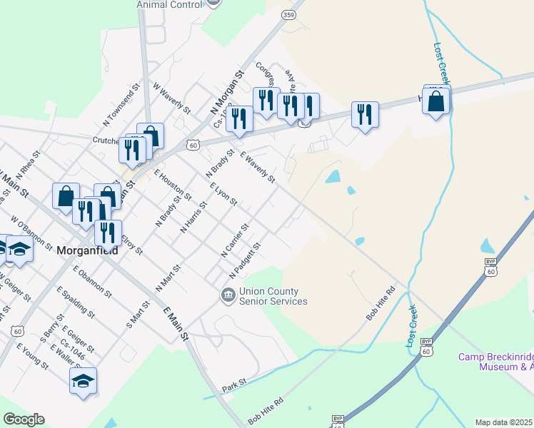 map of restaurants, bars, coffee shops, grocery stores, and more near E Lyon St in Morganfield