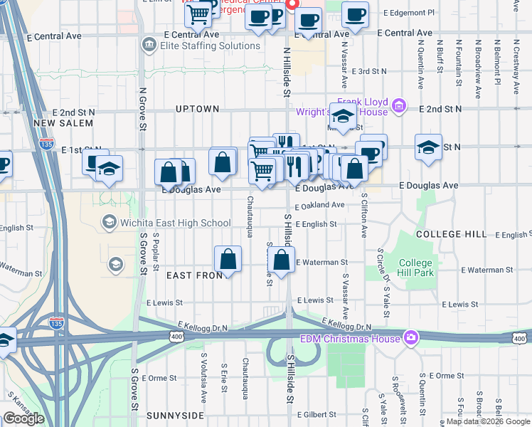 map of restaurants, bars, coffee shops, grocery stores, and more near 3012 East English Street in Wichita