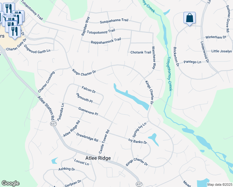 map of restaurants, bars, coffee shops, grocery stores, and more near 9442 Charter Lake Drive in Mechanicsville