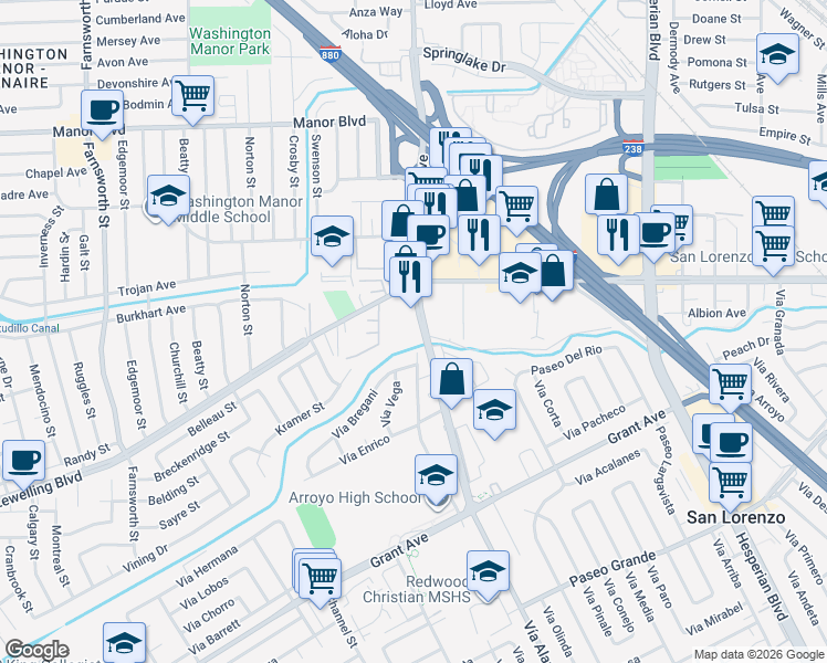map of restaurants, bars, coffee shops, grocery stores, and more near 15500 Lorenzo Avenue in San Lorenzo