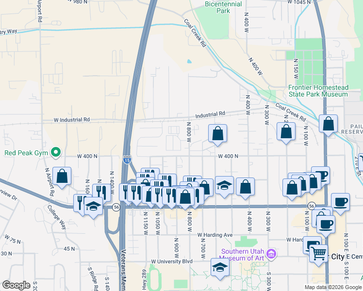map of restaurants, bars, coffee shops, grocery stores, and more near 465 North 800 West in Cedar City