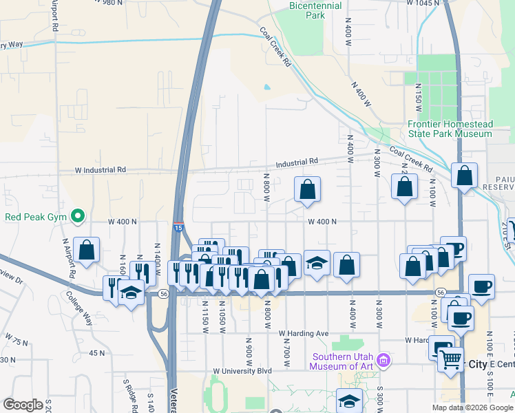 map of restaurants, bars, coffee shops, grocery stores, and more near 465 North 800 West in Cedar City