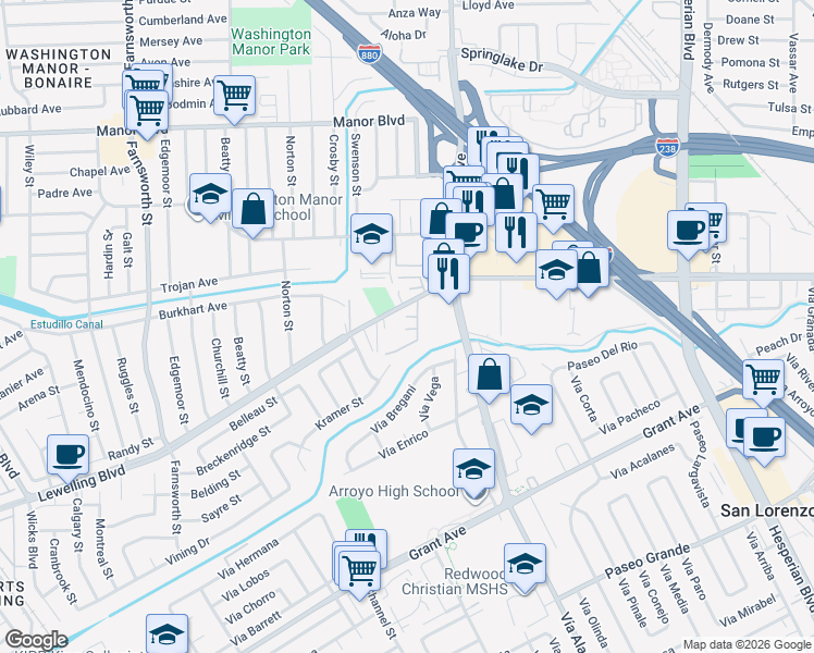 map of restaurants, bars, coffee shops, grocery stores, and more near 751 Woodgate Place in San Leandro