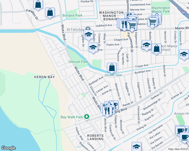 map of restaurants, bars, coffee shops, grocery stores, and more near in San Leandro