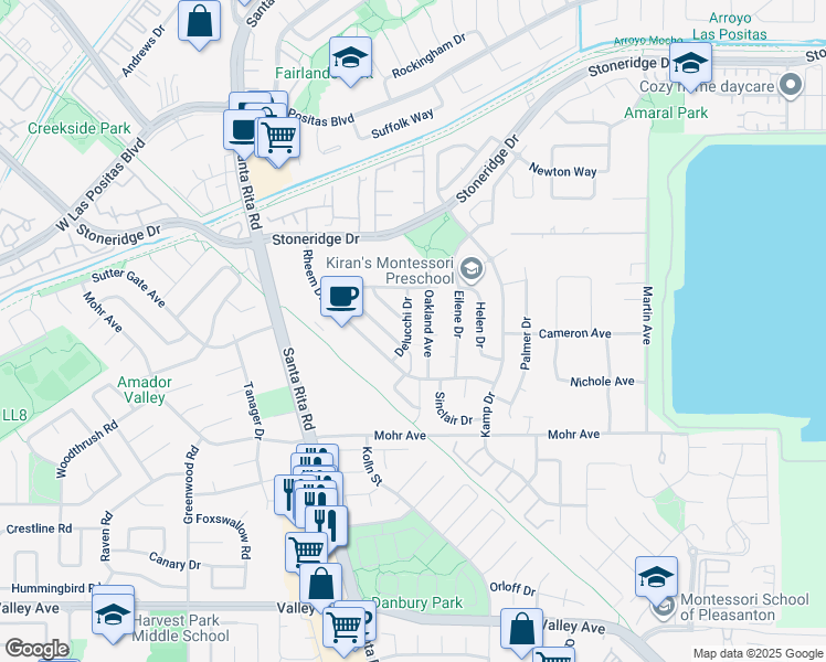map of restaurants, bars, coffee shops, grocery stores, and more near 2229 Delucchi Drive in Pleasanton