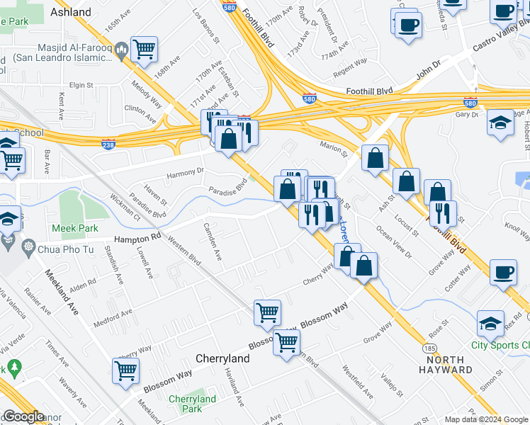 map of restaurants, bars, coffee shops, grocery stores, and more near 14379 Cambridge Avenue in Hayward
