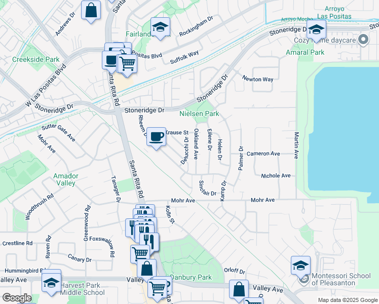 map of restaurants, bars, coffee shops, grocery stores, and more near 2229 Delucchi Drive in Pleasanton