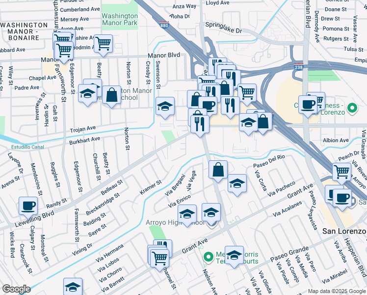 map of restaurants, bars, coffee shops, grocery stores, and more near 751 Woodgate Place in San Leandro