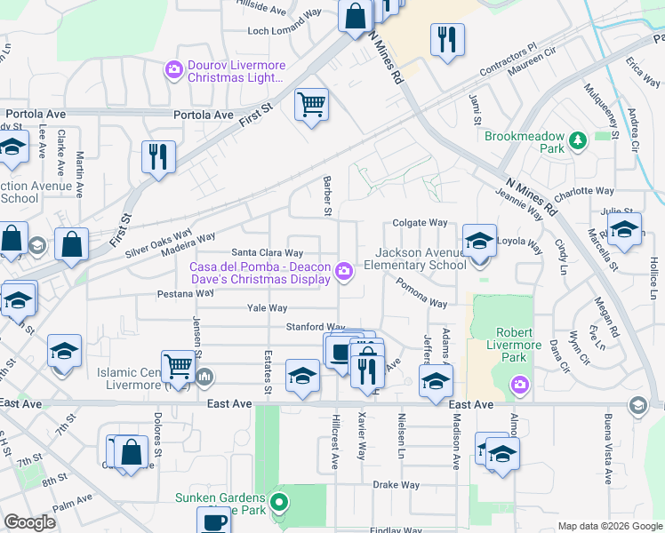 map of restaurants, bars, coffee shops, grocery stores, and more near 317 Hillcrest Avenue in Livermore