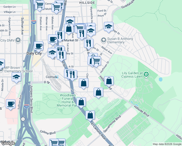 map of restaurants, bars, coffee shops, grocery stores, and more near 528 C Street in Colma