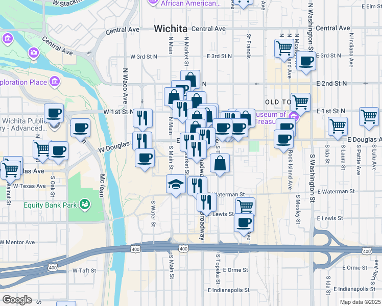 map of restaurants, bars, coffee shops, grocery stores, and more near 130 South Market Street in Wichita