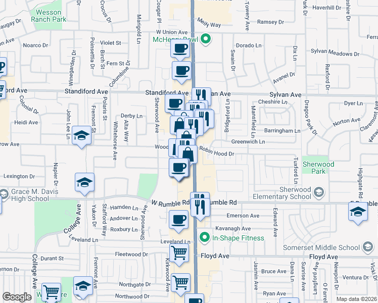 map of restaurants, bars, coffee shops, grocery stores, and more near in Modesto