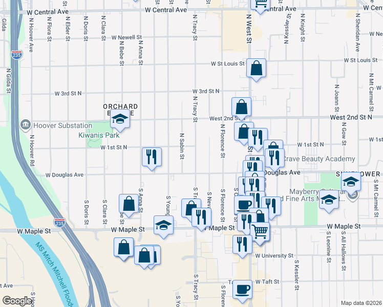 map of restaurants, bars, coffee shops, grocery stores, and more near 122 North Sabin Street in Wichita