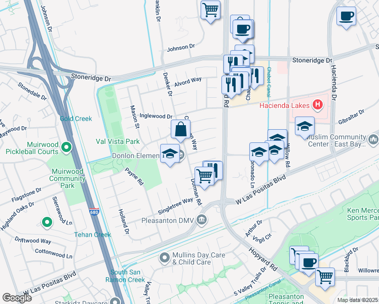 map of restaurants, bars, coffee shops, grocery stores, and more near 4205 Dorman Road in Pleasanton