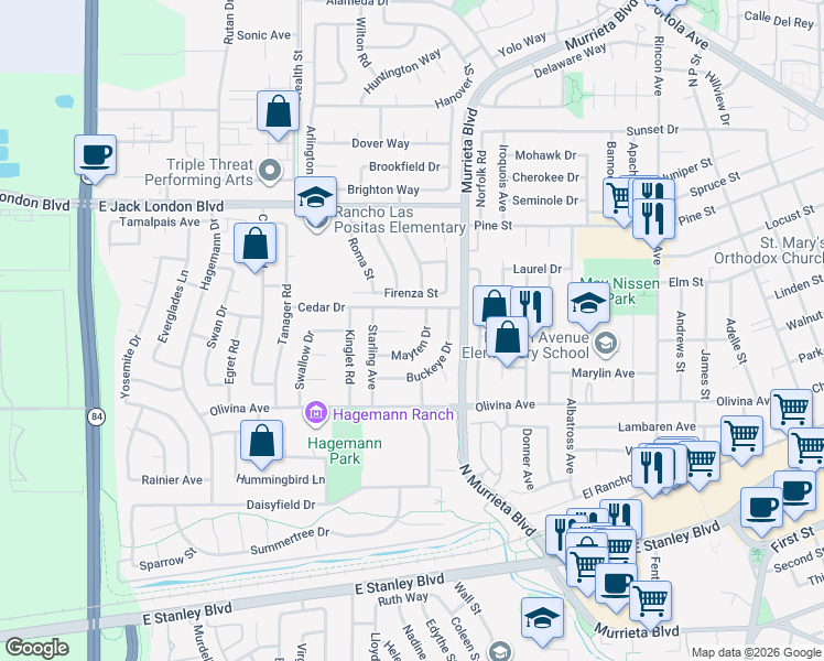 map of restaurants, bars, coffee shops, grocery stores, and more near 601 Hemlock Court in Livermore