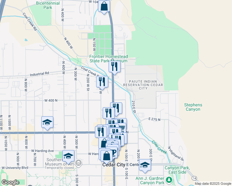 map of restaurants, bars, coffee shops, grocery stores, and more near 432 North Main Street in Cedar City