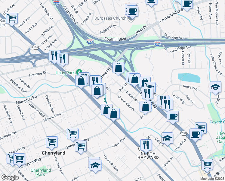 map of restaurants, bars, coffee shops, grocery stores, and more near 21151 Ocean View Drive in Hayward