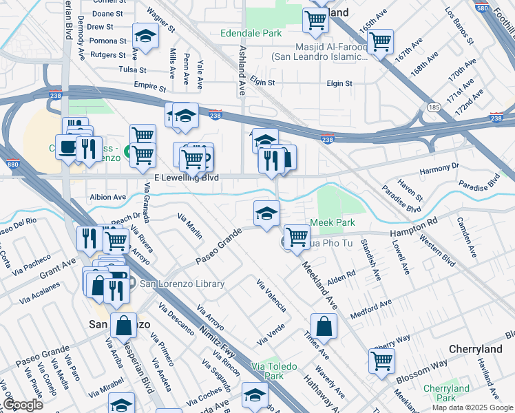 map of restaurants, bars, coffee shops, grocery stores, and more near 33A Paseo Grande in San Lorenzo