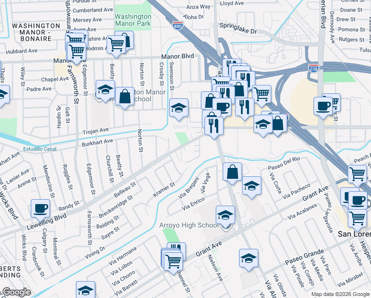 map of restaurants, bars, coffee shops, grocery stores, and more near 835 Woodgate Drive in San Leandro