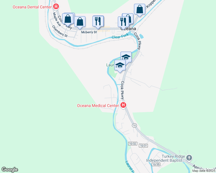 map of restaurants, bars, coffee shops, grocery stores, and more near Denny Street in Oceana