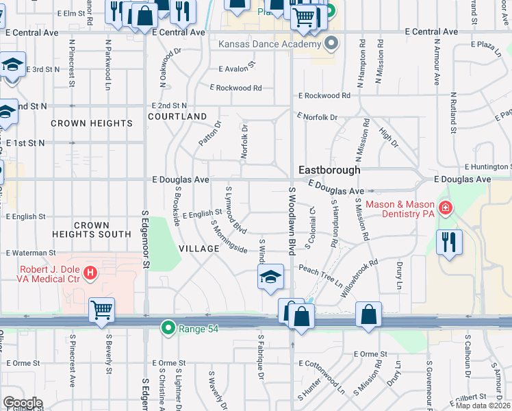 map of restaurants, bars, coffee shops, grocery stores, and more near 202 S Ridgecrest St in Wichita