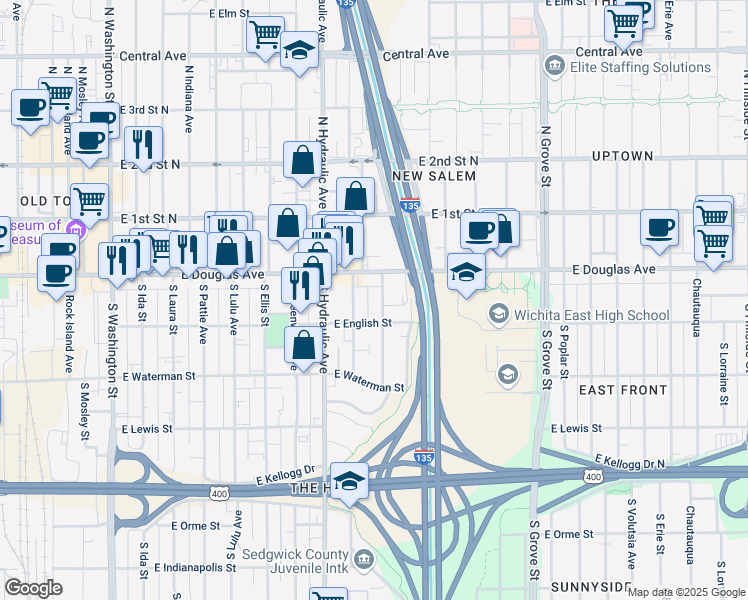 map of restaurants, bars, coffee shops, grocery stores, and more near 1801 East English Street in Wichita