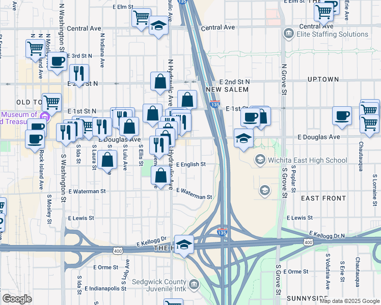 map of restaurants, bars, coffee shops, grocery stores, and more near 1801 East English Street in Wichita
