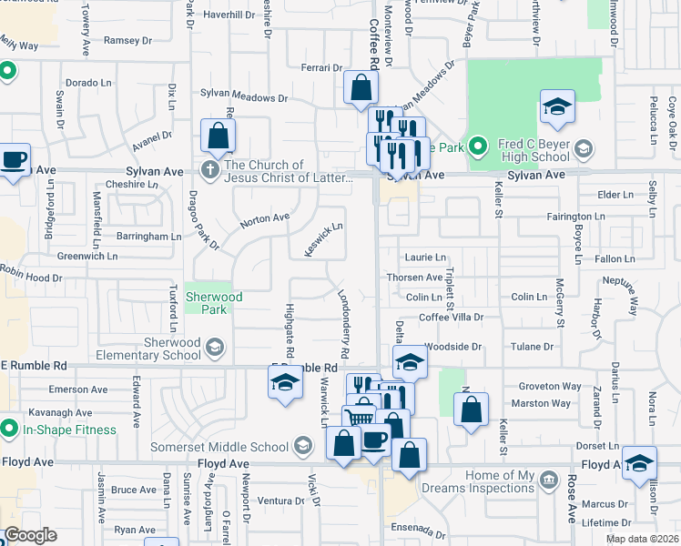 map of restaurants, bars, coffee shops, grocery stores, and more near 1112 Bristol Lane in Modesto
