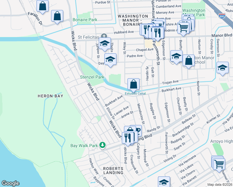map of restaurants, bars, coffee shops, grocery stores, and more near in San Leandro