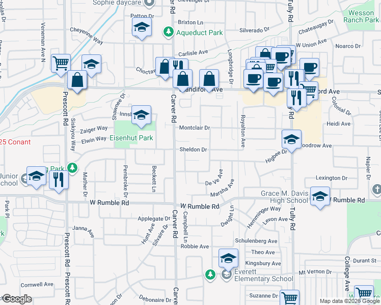 map of restaurants, bars, coffee shops, grocery stores, and more near 3128 Lisa Drive in Modesto