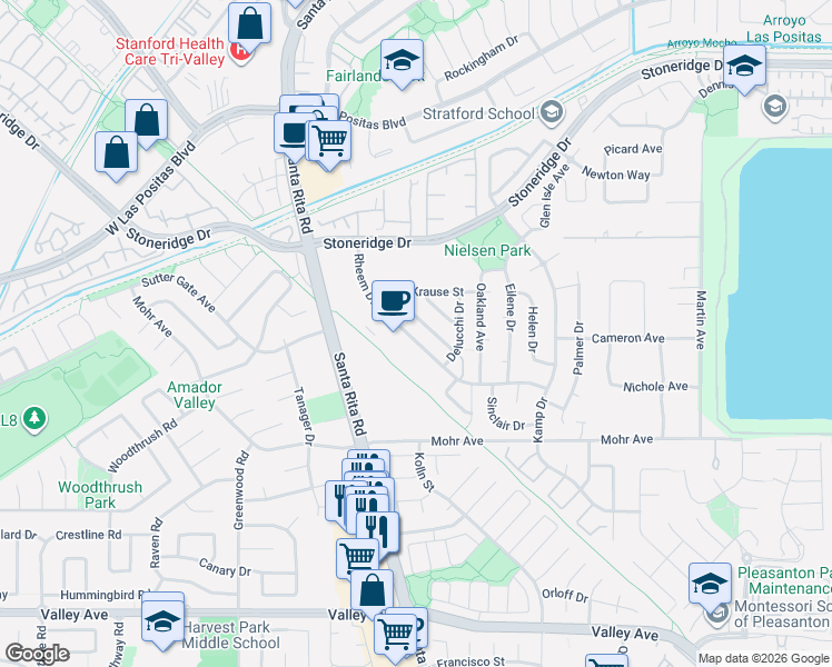 map of restaurants, bars, coffee shops, grocery stores, and more near 2126 Rheem Drive in Pleasanton