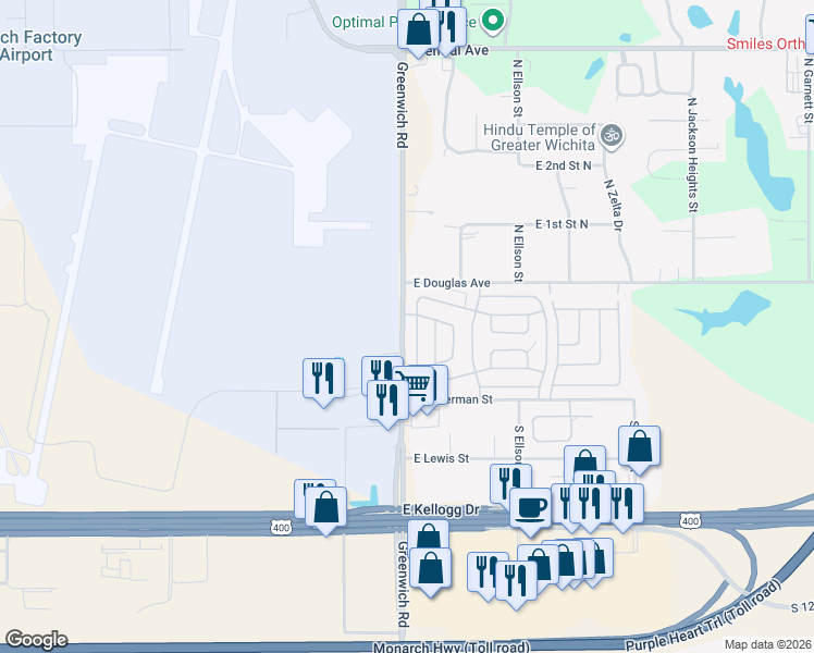 map of restaurants, bars, coffee shops, grocery stores, and more near 132-136 S Greenwich Rd in Wichita