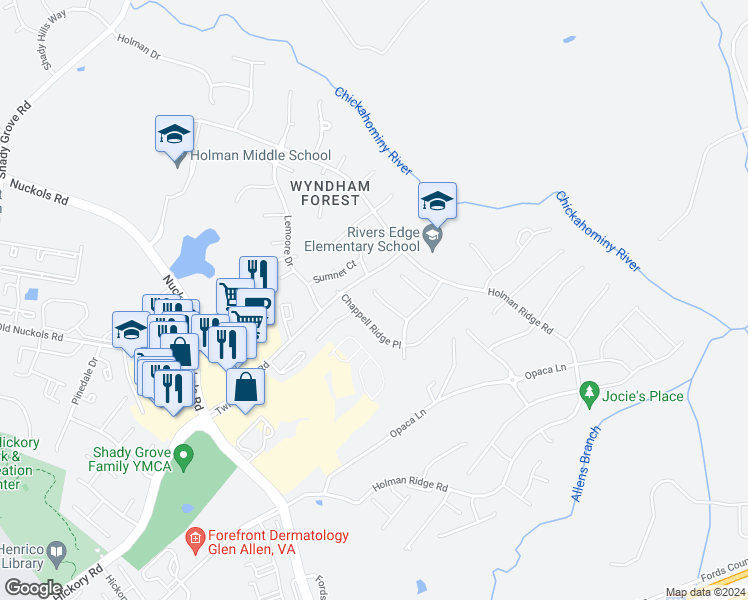 map of restaurants, bars, coffee shops, grocery stores, and more near 5220 Wheat Ridge Place in Glen Allen